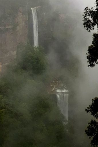 From one of the lookouts, you get a full view of Belmore Falls on a misty foggy afternoon